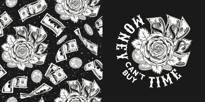 Set with pattern, label with cash money, rose made of 100 US dollar bills, coins, dollar sign, text. Monochrome illustration in vintage style for prints, clothing, tattoo, surface design on black