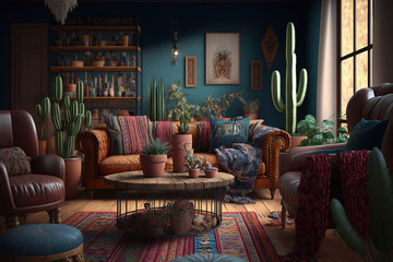 3d rendering of a bohemian style living room,Octane Render ,hyperrealism, photorealism, photorealistic