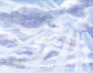Bright clouds in the evening sky. Watercolor landscape