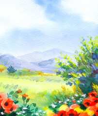 Fototapeta na wymiar Watercolor landscape. Field with poppies near the mountains