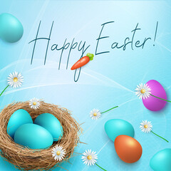 Festive Easter blue illustration, eggs in the nest and wonderful flowers