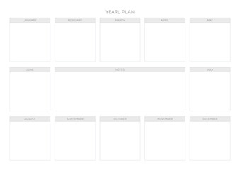 A year goal plan template with a simple and minimal style. Note, scheduler, diary, calendar planner document template illustration.