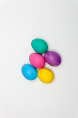 Easter eggs on white background. Easter concept. Top view