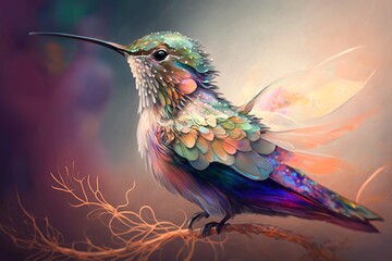 Hummingbird glowing light art bird sparkle background, glow bright fantasy magic beautiful neon shine design Generative AI