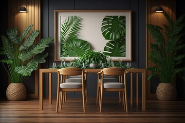 Dining room wall mock up with Areca palm, rattan dining set, wooden table on wooden floor. 3d illustration