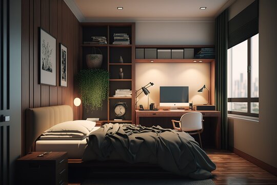 3d render of hotel room, bedroom
