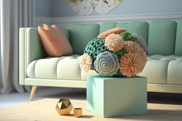 A vase with flowers is placed on a wooden cube in a stylish and trendy composition of design sculpture. stylish accoutrements. Template. living room decor has a mint sofa. Sunshine filled room
