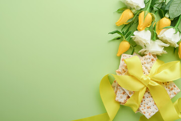 Passover celebration concept. Matzah, kosher red wine, walnut and spring white and yellow rose flowers. Traditional ritual Jewish bread on light green background. Passover food. Pesach Jewish holiday.