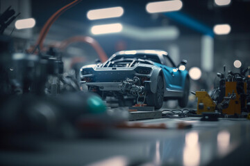 Modern Assembly of cars at the plant. The automated build process of the car body. Generative AI
