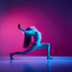 Young flexible woman in bodysuit dancing over gradient pink studio background in neon with mixed lights. Concept of contemporary dance style, art, aesthetics, hobby, creative lifestyle