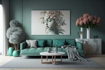 With a mint sofa, pillow, coffee table, flowers, books, sculpture, and exquisite accessories, this living room is stylish and minimalist. The color scheme of eucalyptus. Template for interior design