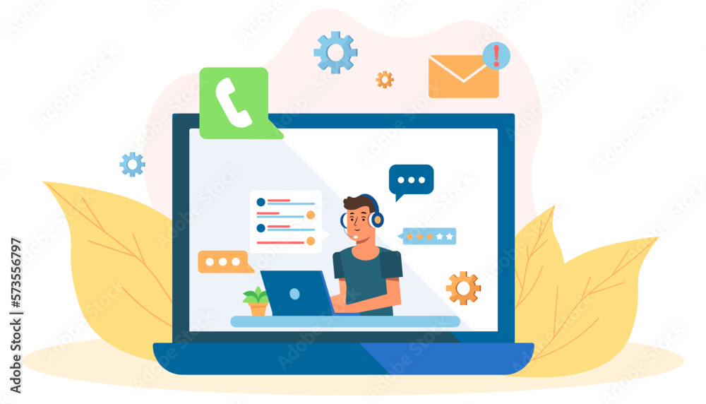Poster concept with man support in a flat design. laptop with support concept