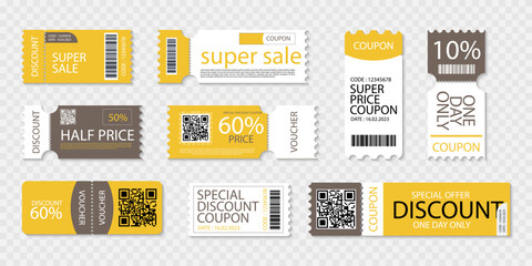 Coupon template collection. Set of sale voucher with shadow