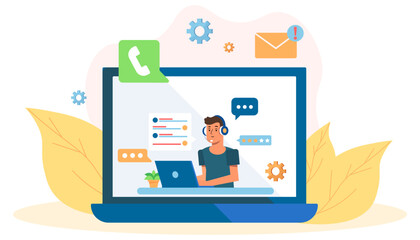 Concept with man support in a flat design. Laptop with support concept