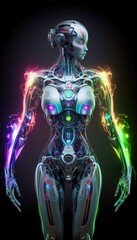 Humanoid female robot design rendered with colorful 3d holographic gradient. Generative Ai