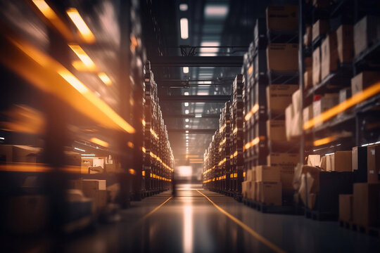Blurred Huge logistics warehouse. Generative AI