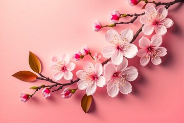 Obraz premium Blooming sakura, spring flowers on pink background. Generative AI
