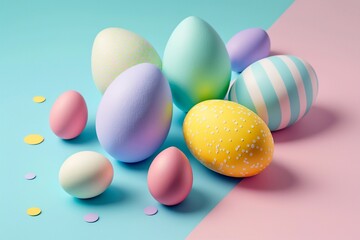 Obraz na płótnie Canvas Colorful Easter eggs dyed by colored water with beautiful pattern on blue/pink background. Generative AI