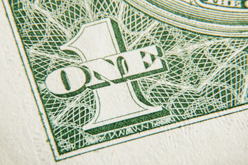 Close up fragment of one US Dollar bill.  Selective focus.
