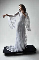 Full length portrait of beautiful woman wearing  fantasy costume, white bridal gown.  standing...