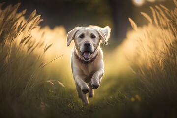 Labrador dog running in the grass. Generative AI