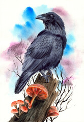 A watercolor illustration of a black raven on a tree stump on which orange mushrooms grow, with tree branches in the background