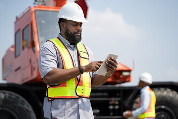 African American Engineer man use tablet computer with crane truck background at site work