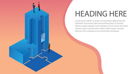 Conceptual isometric puzzle block building with an elevator going up where small people shaking hands with a free space at the background for text © farhan