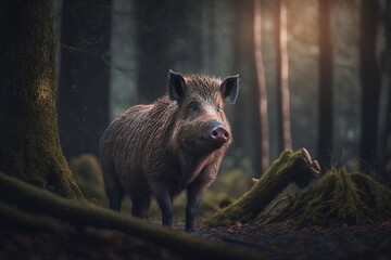 Wild boar walk in the forest. Calm wild boar. European wildlife. Strong wild boar in nature. Generative AI - obrazy, fototapety, plakaty