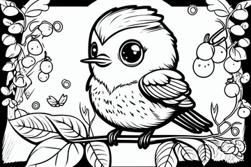 Cute bird. Coloring book page for children. Black and White Cartoon Illustration line art. 
