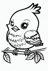 Cute bird. Coloring book page for children. Black and White Cartoon Illustration line art. 