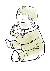 おもちゃをくわえる赤ちゃんのシンプルなイラスト(透過PNG)