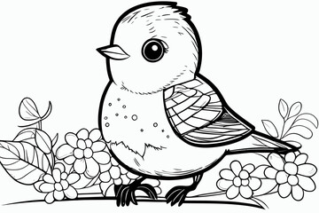 Cute bird. Coloring book page for children. Black and White Cartoon Illustration line art. 