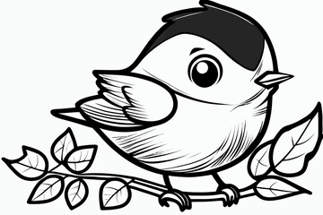 Cute bird. Coloring book page for children. Black and White Cartoon Illustration line art. 
