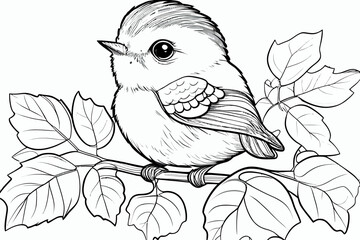 Cute bird. Coloring book page for children. Black and White Cartoon Illustration line art. 