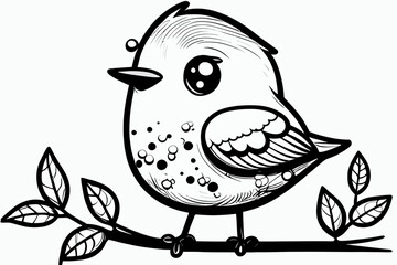 Cute bird. Coloring book page for children. Black and White Cartoon Illustration line art. 