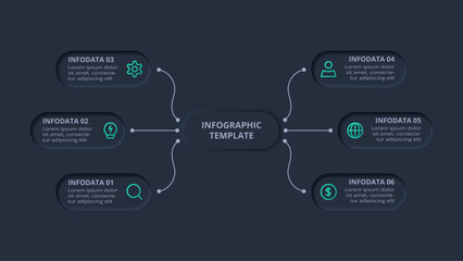 Obraz premium Neumorphic flowchart dark iinfographic. Creative concept for infographic with 6 steps, options, parts or processes.