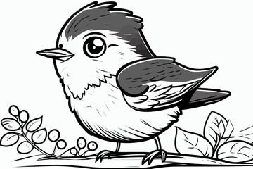 Cute bird. Coloring book page for children. Black and White Cartoon Illustration line art. 