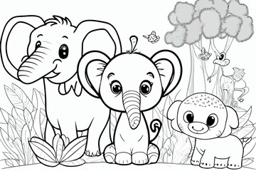 Cute elephant animal. Coloring book page for children. Black and White Cartoon Illustration line art. 
