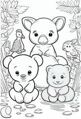 Cute animals. Coloring book page for children. Black and White Cartoon Illustration line art. 