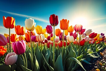 Field with many fresh multi colored tulips close up, sun light, blue sky. Generative AI
