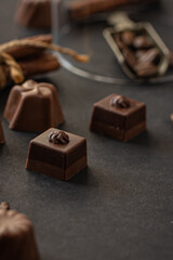 Close up of a gourmet Chocolate candy , meal scoop and coffee beans in a glass cloche on dark background. Dark chocolate pralines , copy space