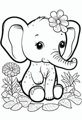Cute elephant animal. Coloring book page for children. Black and White Cartoon Illustration line art. 