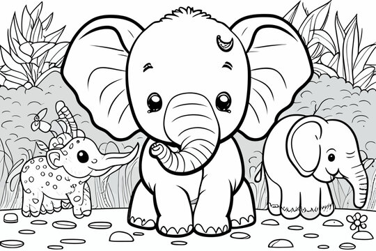 Cute elephant animal. Coloring book page for children. Black and White Cartoon Illustration line art. 