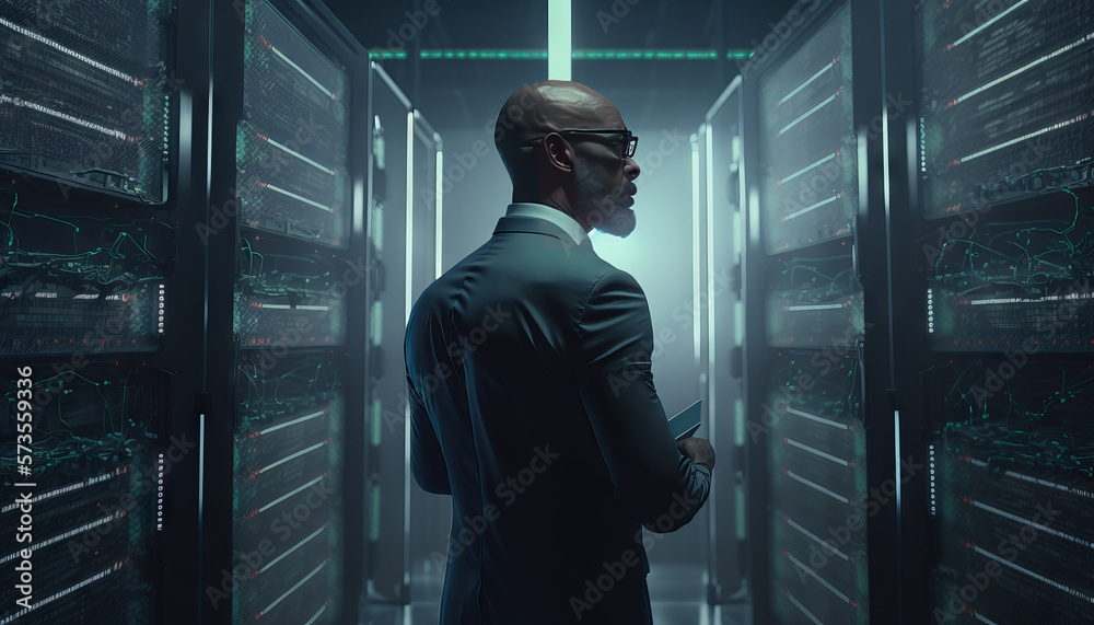 Poster businessman in a server room with data storage and cloud computing concept. generative ai