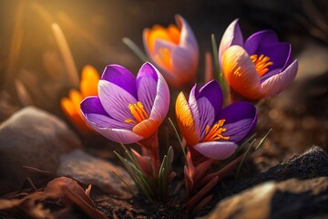 Spring flowers. Colorful crocus flowers blooming in a garden. Generative AI