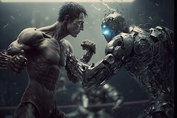 Generative AI of a male cyborg fighting with a robot