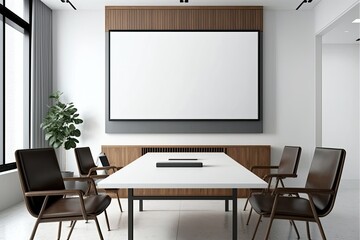 Interior of modern office meeting room black and white with wooden furniture conference table with black chairs and mock up Made with Generative AI