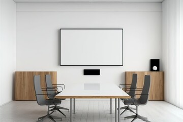 Interior of modern office meeting room black and white with wooden furniture conference table with black chairs and mock up Made with Generative AI