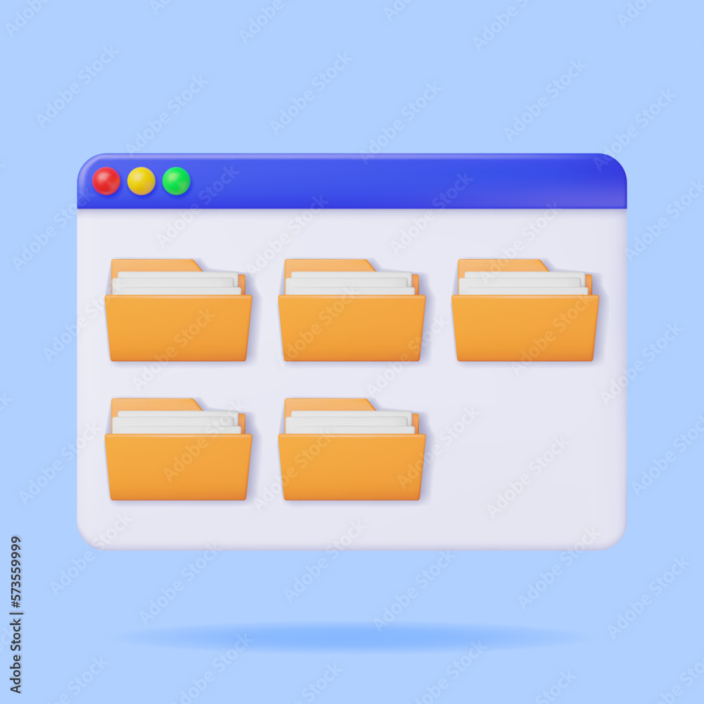 Poster 3d desktop interface window with file folder isolated. render yellow folder for correspondence, file